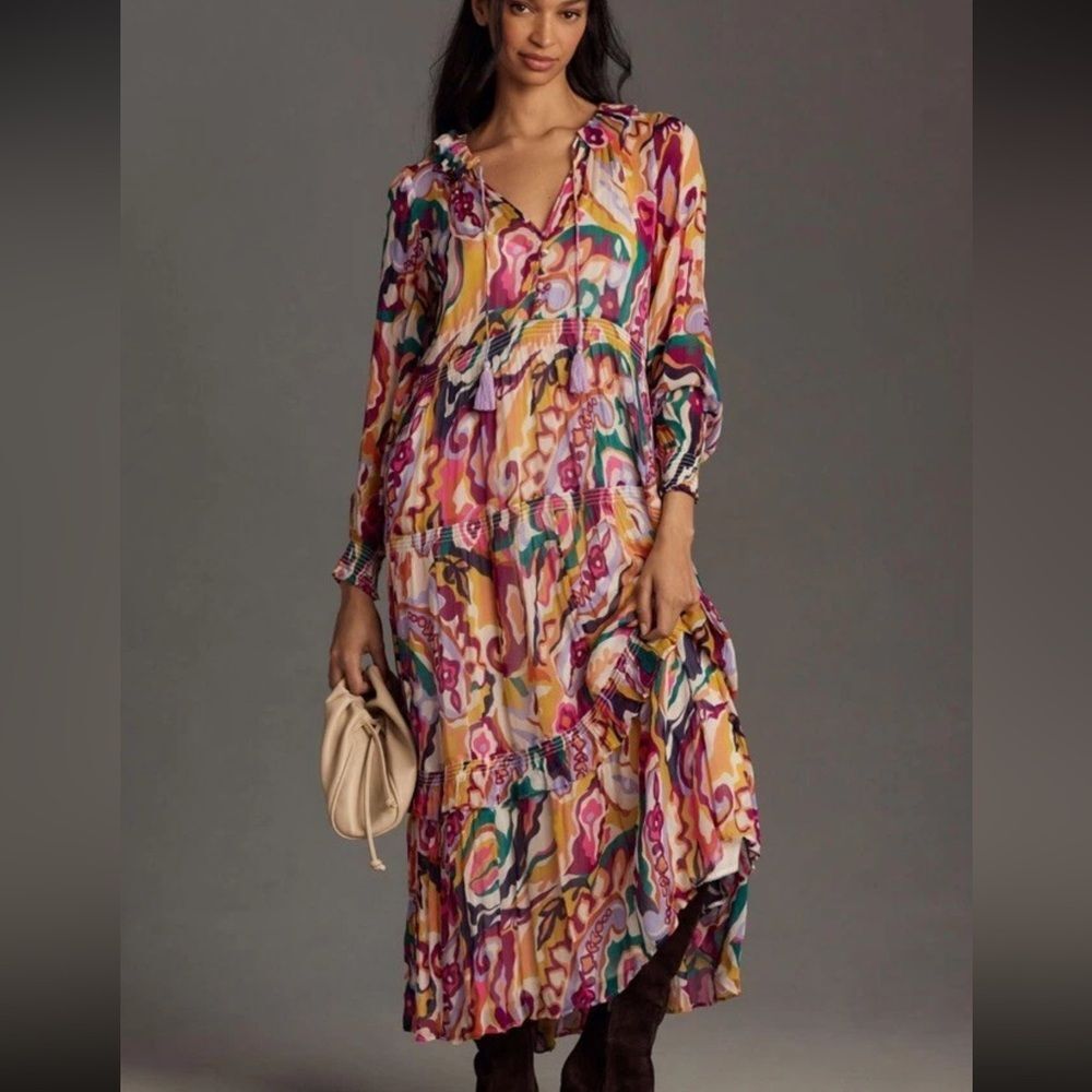 NWOT Anthropologie The Marais Printed Chiffon Maxi Dress-
Medium Pink